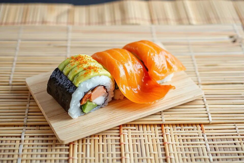 sushi roll on bamboo