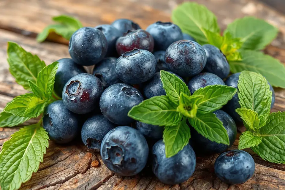 vibrant blueberries with mint