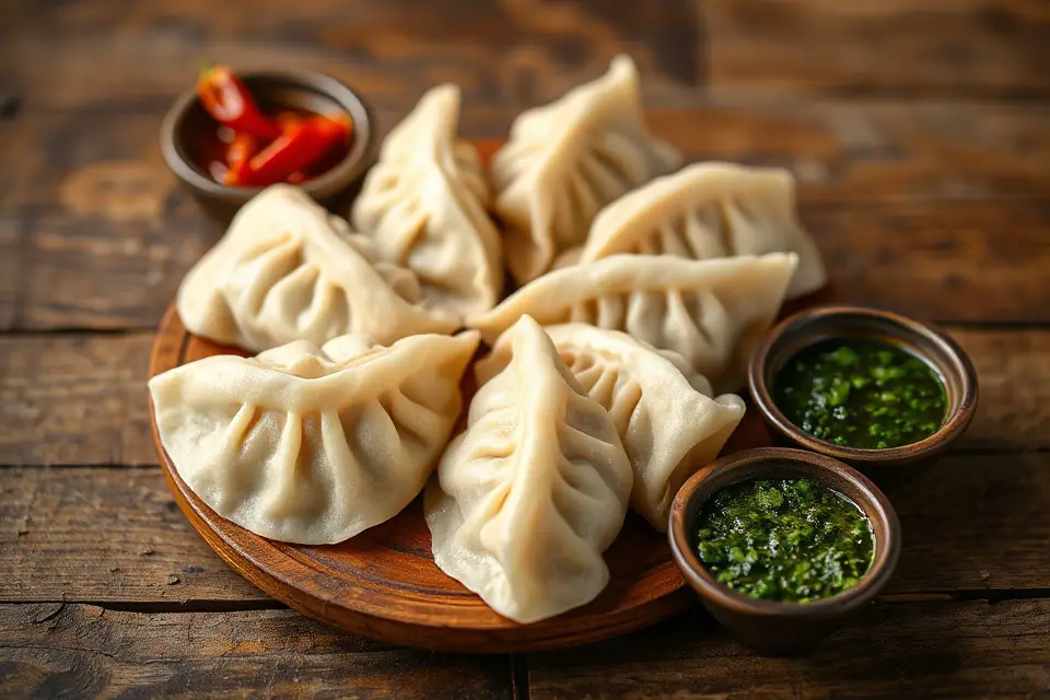 vibrant dumplings and sauces