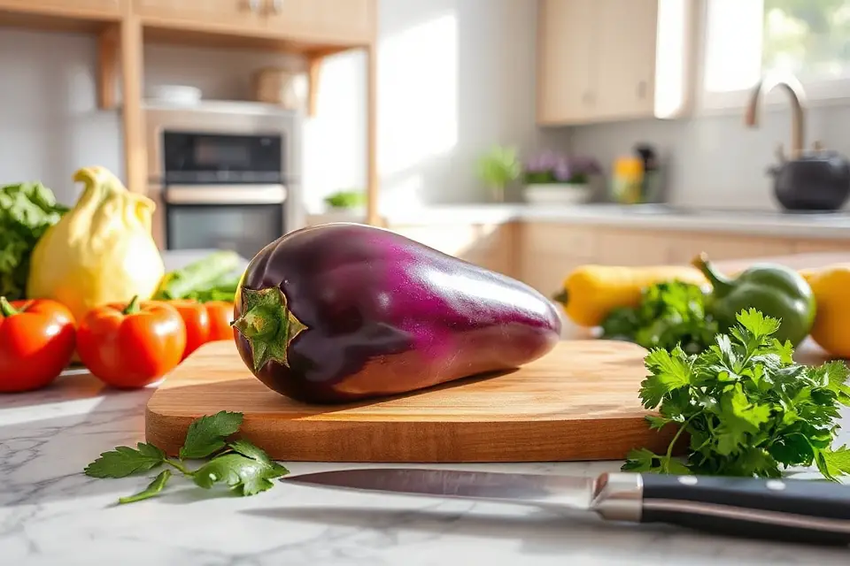 vibrant eggplants in kitchen
