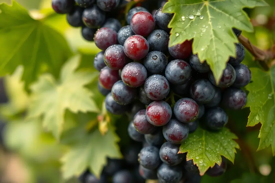 vibrant grapes with leaves