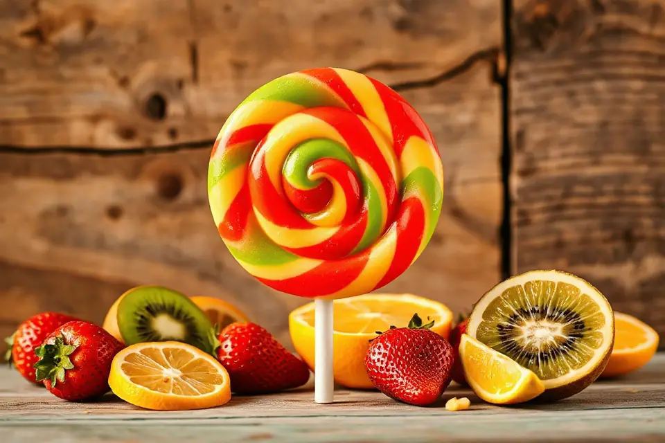 vibrant lollipops and fruits