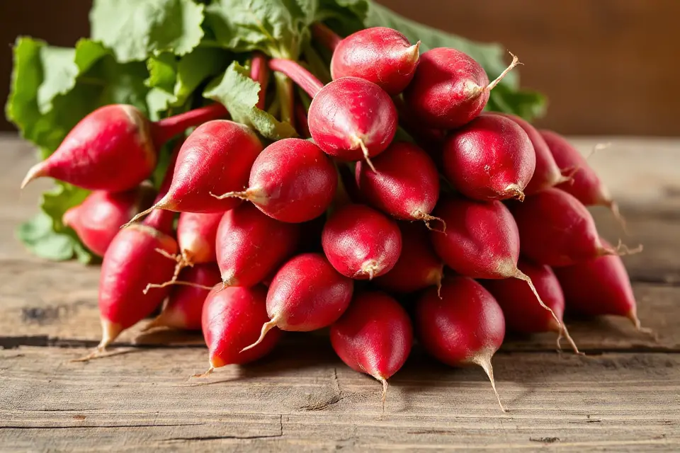vibrant radishes on wood