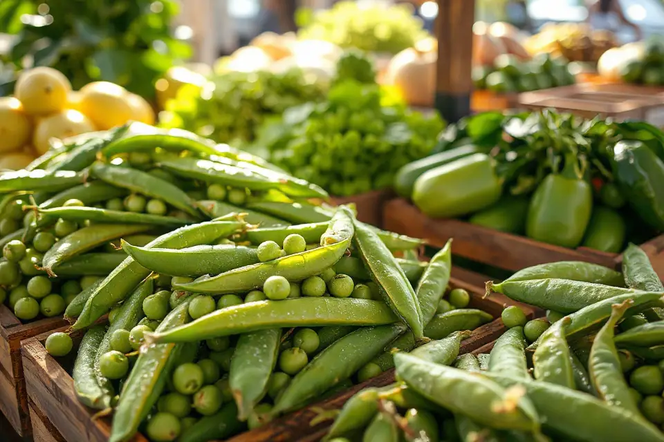 vibrant raw peas display