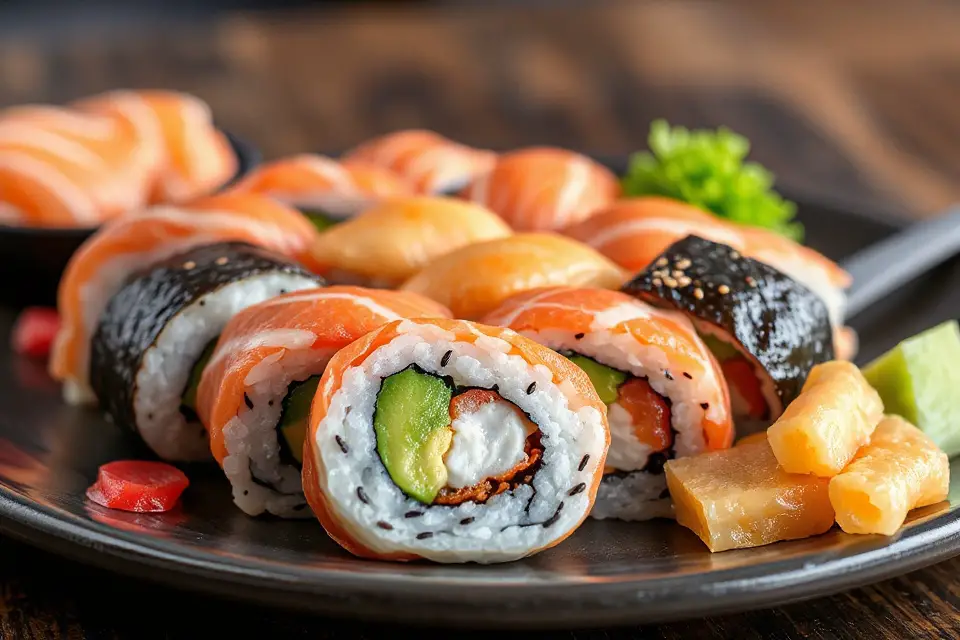 vibrant sushi roll display