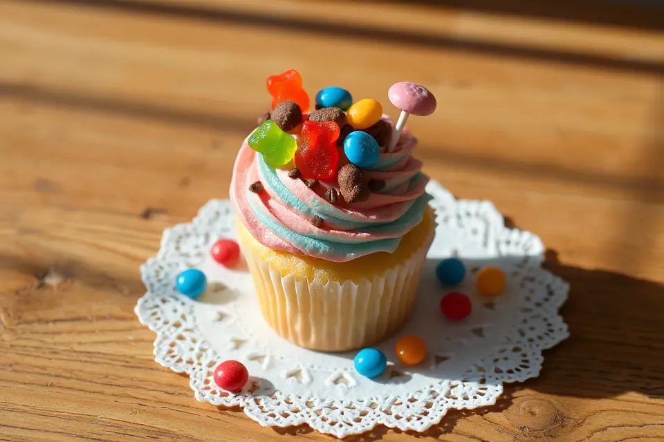 whimsical candy topped cupcake
