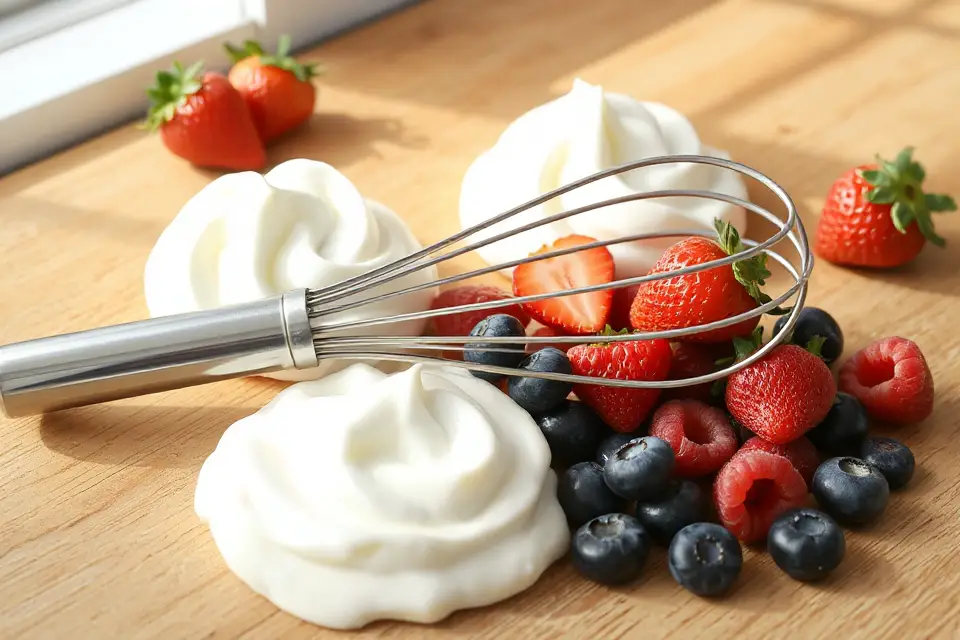 whisk with cream berries